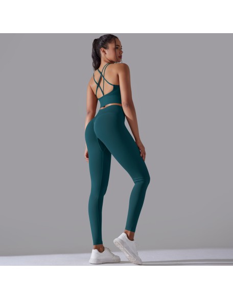 seamless knit yoga wear suit threaded breathable sports tops long pants fitness clothing for women