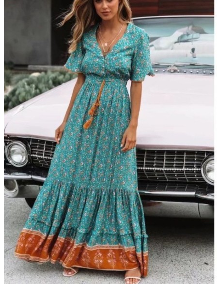 Spring and summer models cross-border Europe and the United States women's vacation seaside long dress high-waisted tie v-neck loose hem dresses