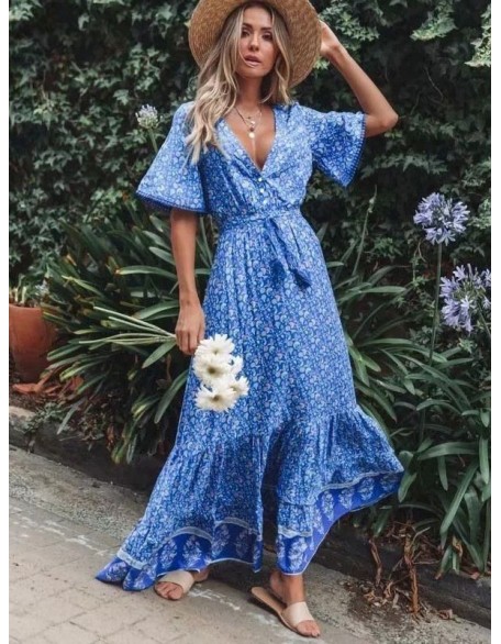 Spring and summer models cross-border Europe and the United States women's vacation seaside long dress high-waisted tie v-neck loose hem dresses