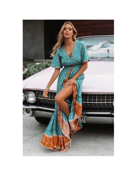 Spring and summer models cross-border Europe and the United States women's vacation seaside long dress high-waisted tie v-neck loose hem dresses