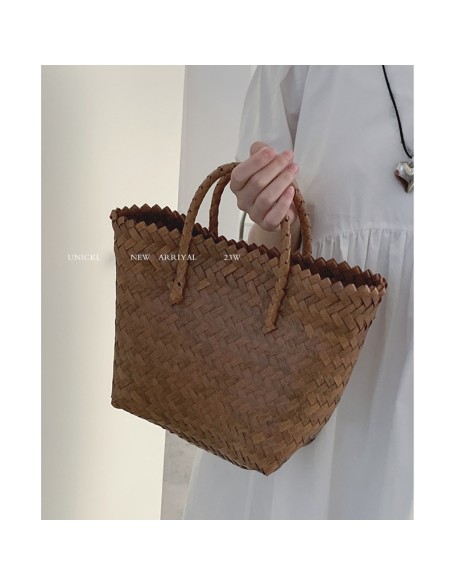 Summer Tote Woven Bag Women 2023 New Retro Vegetable Basket Bag Outing Beach Bag Commuter Bag