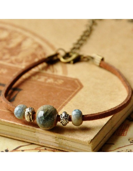 flower charm and ceramic bead leather bracelet