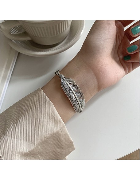 boho chunky feather sterling silver bracelet