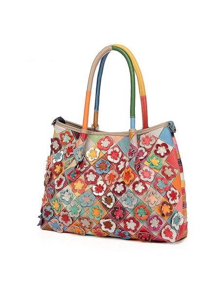 spring flower patchwork genuine leather handbag