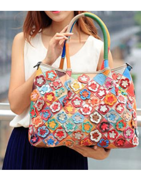 spring flower patchwork genuine leather handbag